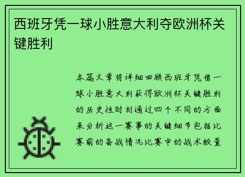 西班牙凭一球小胜意大利夺欧洲杯关键胜利